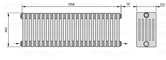 Схема (чертеж) Радиатор Zehnder Charleston 6045/23 №2670 Белый глянцевый RAL 9016